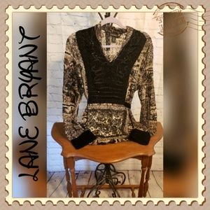 Lane Bryant Black/Cream Tie Peasant Top